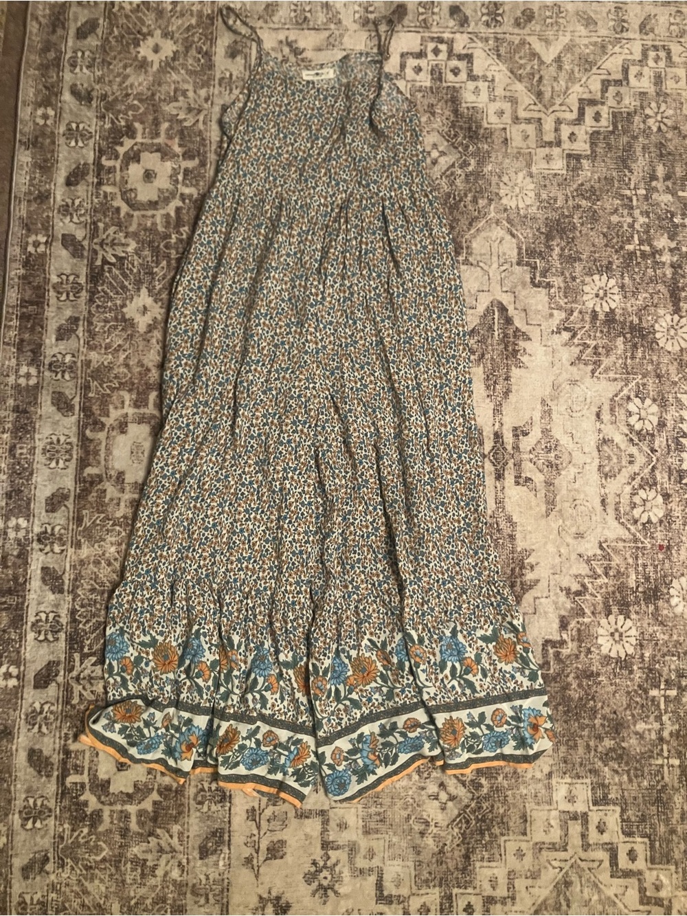 NATURAL LIFE Blue, Tan and White Floral Border Maxi jumpsuit wide leg